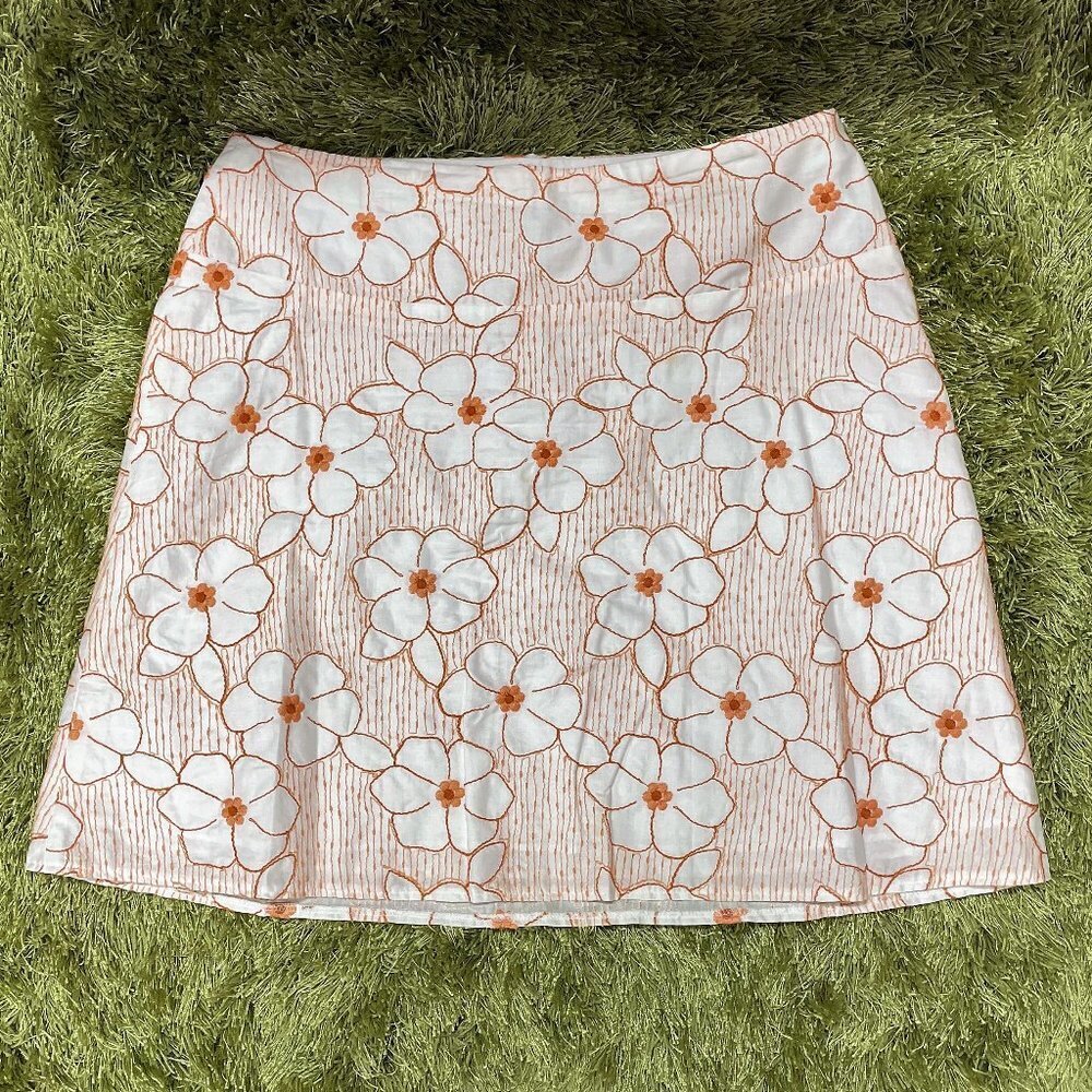 Vintage Sevier Skirt - Orange & White Embroidered Floral Mini Skirt - Size L​